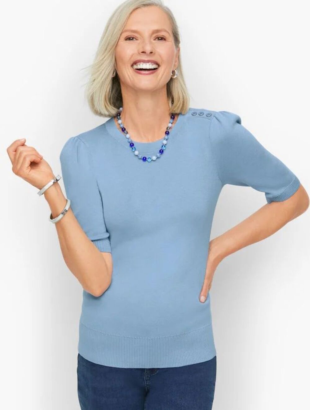 Talbots soft blue elbow sleeve Spring sweater top with button detail woman's XL